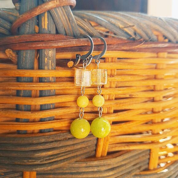 Lime Green Jade Stone Earrings, Geometric Boho Earrings, Y2K Retro Earrings - Picture 8 of 8